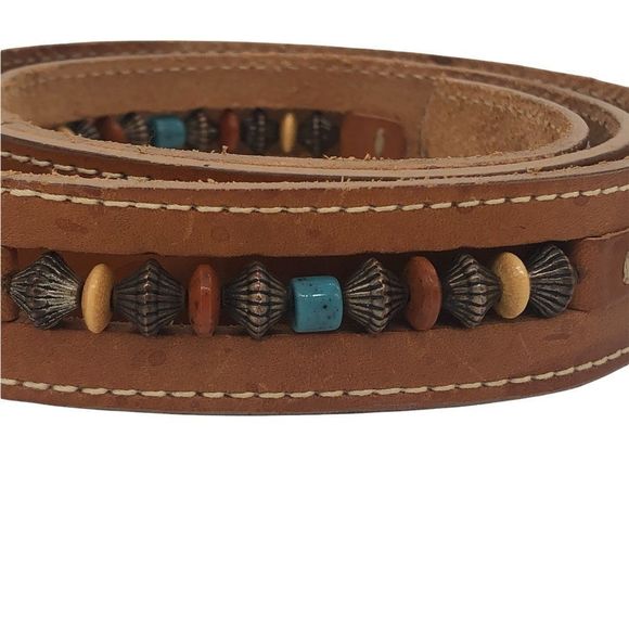 Leather Belt with Inlay Colored Beads and Silver Beads Top StationSilver Buckle main image 7